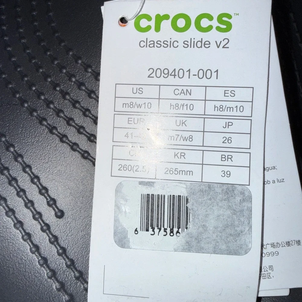 Crocs Classic Slide v2 Black Sandals Mens 8 Womens 10 209401-001